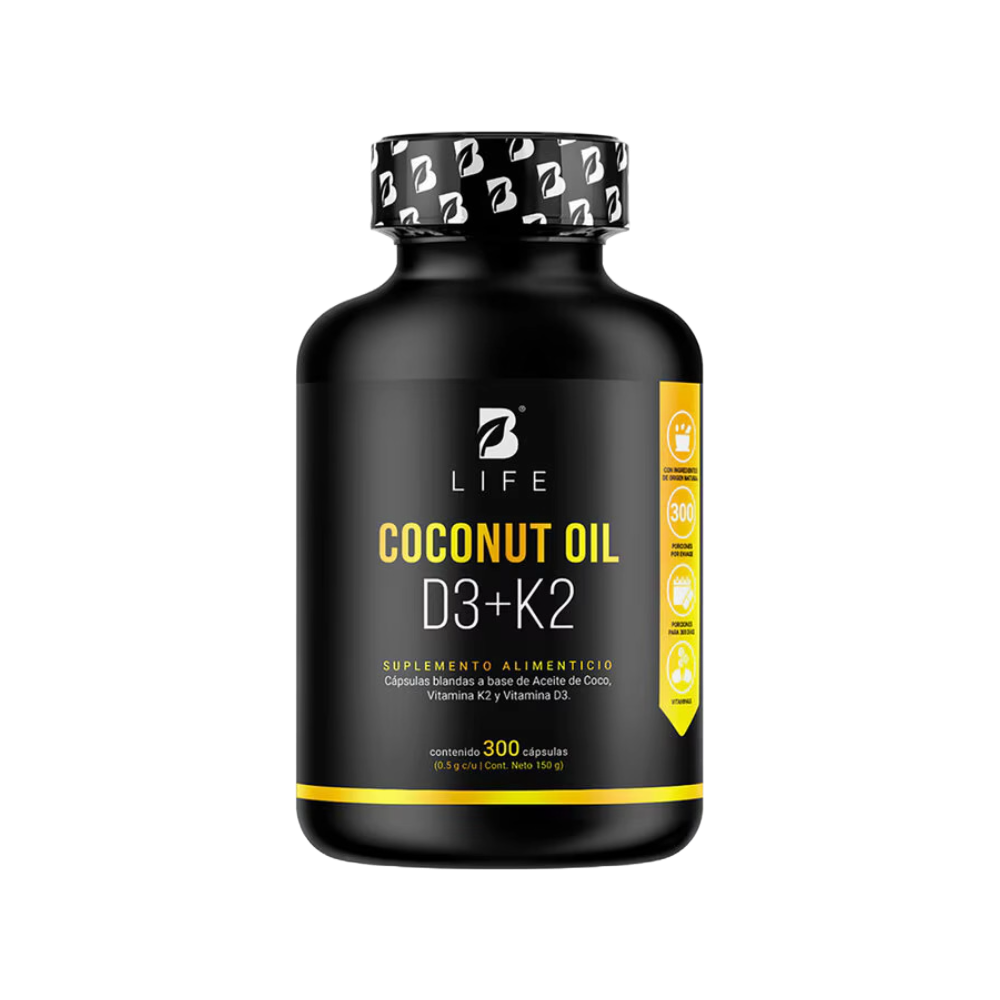 B LIFE COCONUT OIL D3 + K2 (300 CAPSULAS) – SUPLEMENTO ALIMENTICIO DE VITAMINA D3 Y K2 CON ACEITE DE COCO