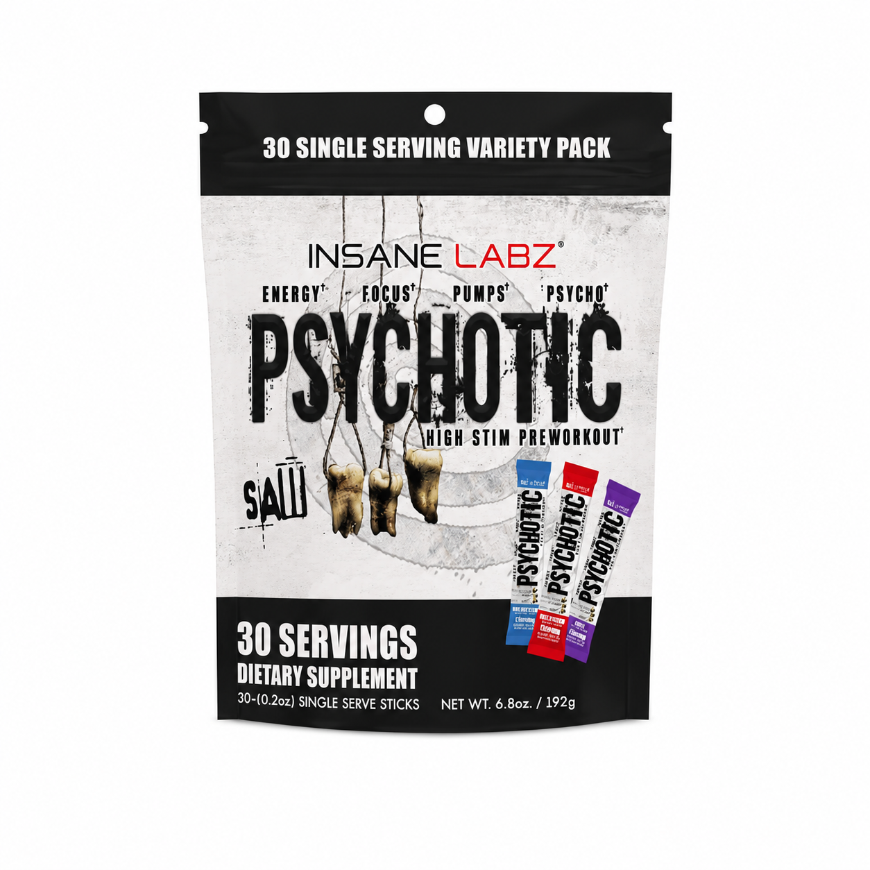 INSANE LABZ PSYCHOTIC SAW SERIES – PRE-ENTRENO EXTREMO EN SOBRES INDIVIDUALES (30 PORCIONES / VARIETY BAGS)